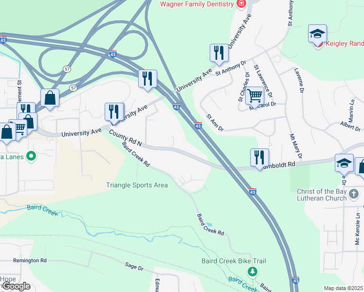 map of restaurants, bars, coffee shops, grocery stores, and more near 2727 Humboldt Road in Green Bay