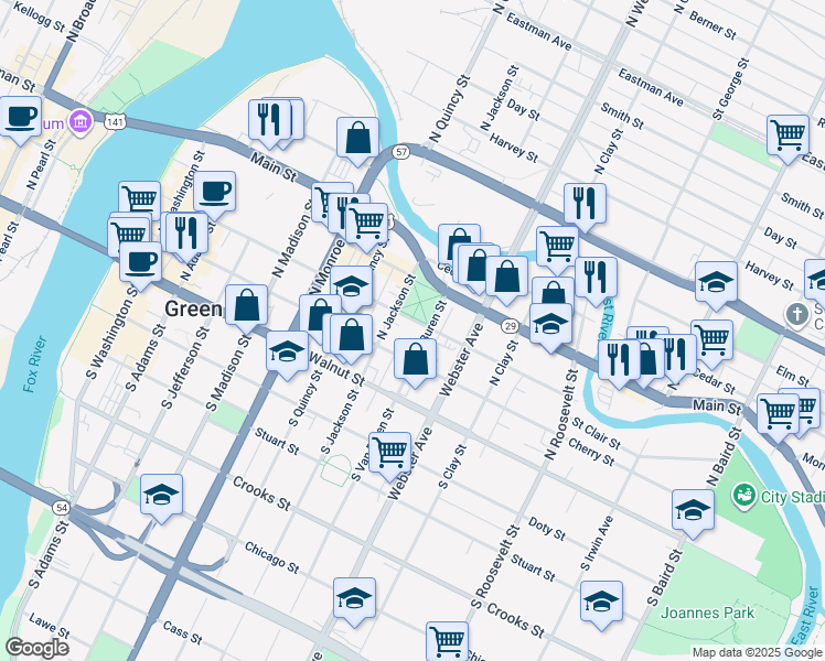 map of restaurants, bars, coffee shops, grocery stores, and more near 902 Pine Street in Green Bay