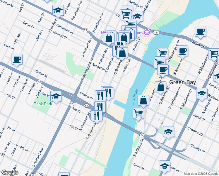 map of restaurants, bars, coffee shops, grocery stores, and more near 420 South Broadway in Green Bay