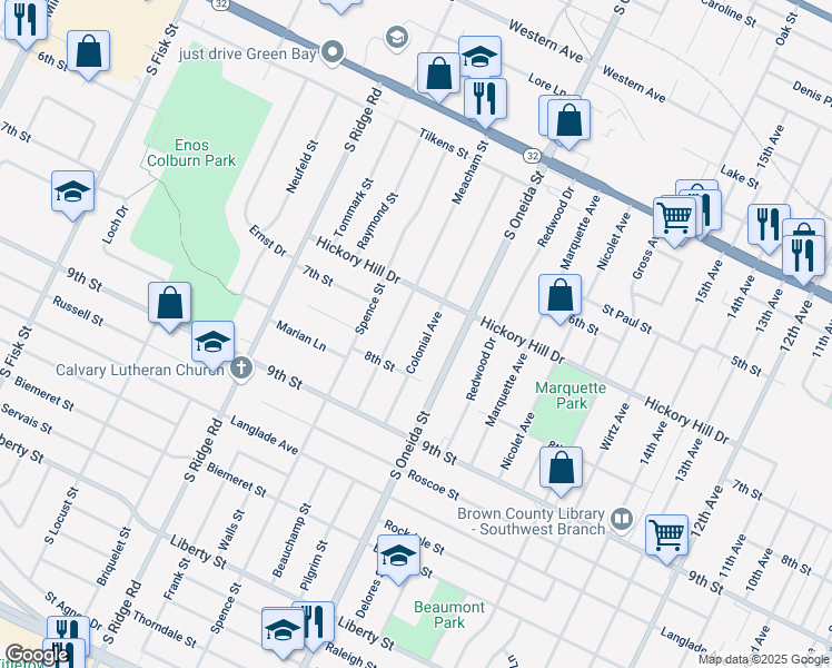 map of restaurants, bars, coffee shops, grocery stores, and more near 1136 Colonial Avenue in Green Bay
