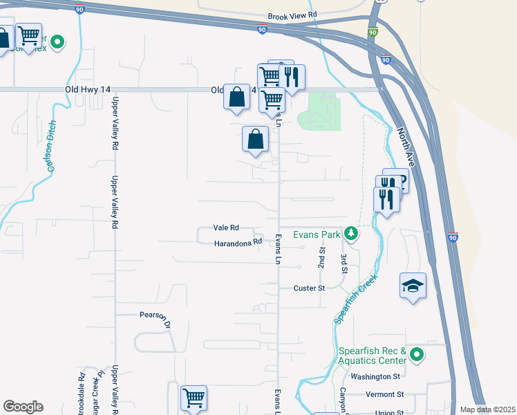 map of restaurants, bars, coffee shops, grocery stores, and more near 1 Tom Ral Drive in Spearfish