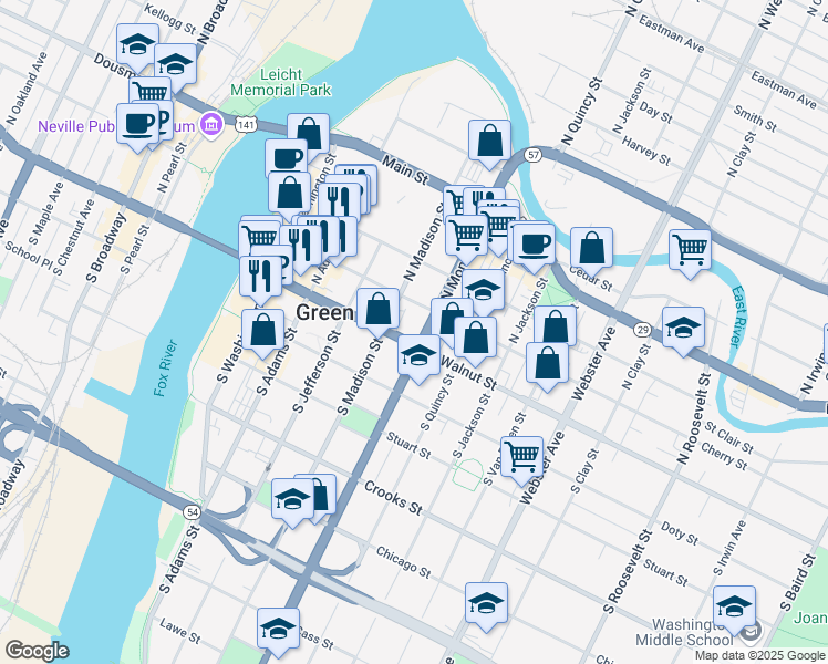 map of restaurants, bars, coffee shops, grocery stores, and more near 525 East Walnut Street in Green Bay