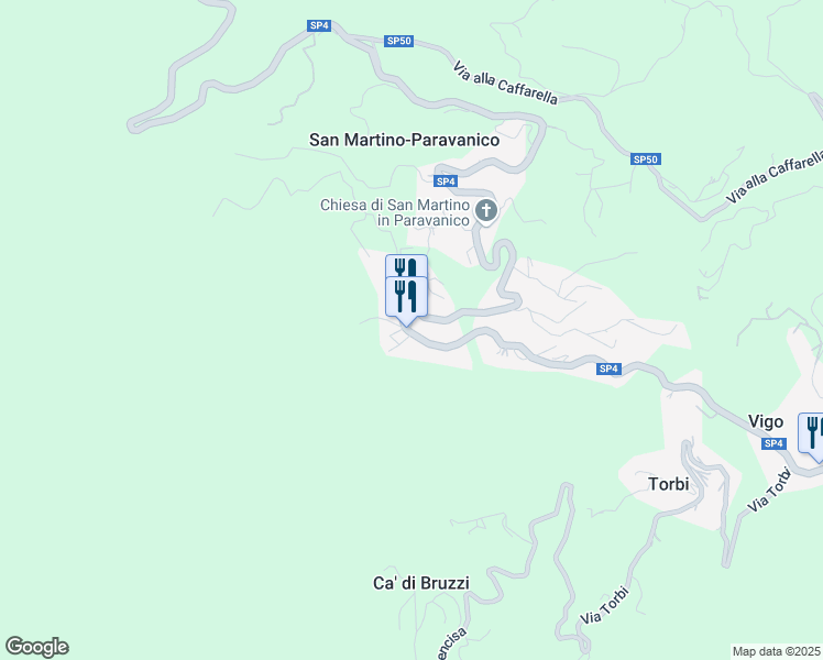 map of restaurants, bars, coffee shops, grocery stores, and more near 136A Via San Martino in San Martino di Paravanico