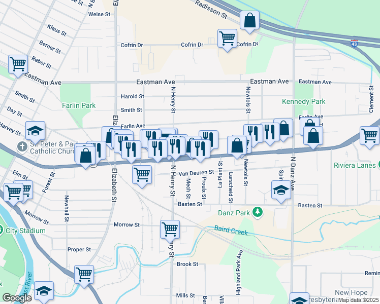 map of restaurants, bars, coffee shops, grocery stores, and more near 1837 University Avenue in Green Bay