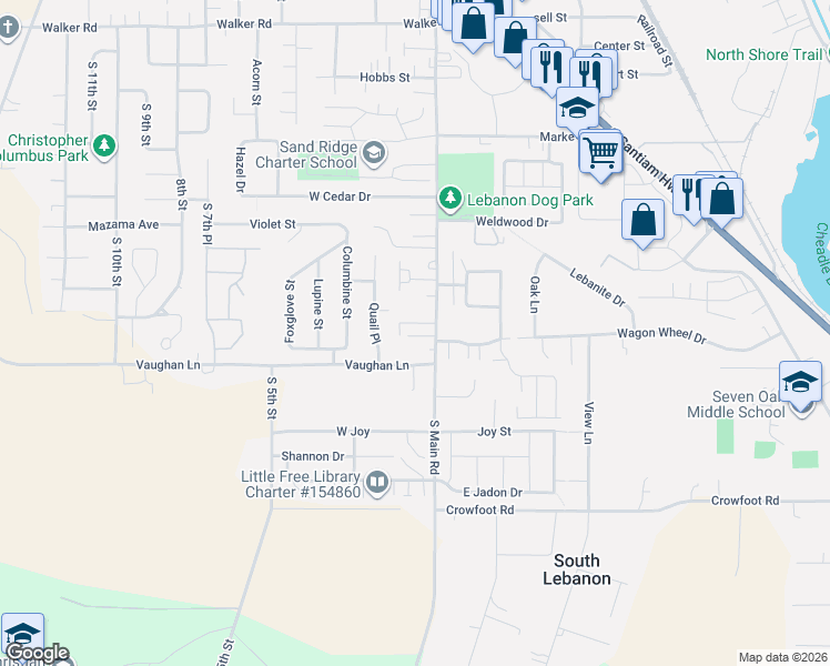 map of restaurants, bars, coffee shops, grocery stores, and more near 46 Grace Street in Lebanon