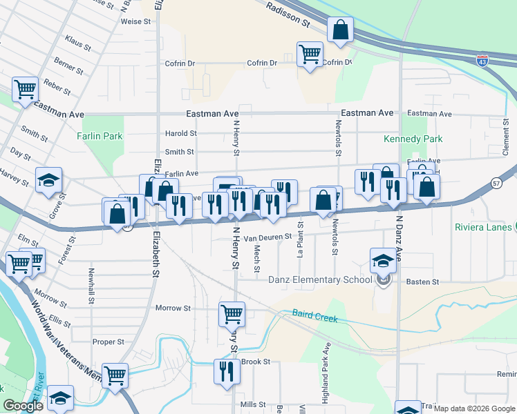 map of restaurants, bars, coffee shops, grocery stores, and more near 1837 University Avenue in Green Bay