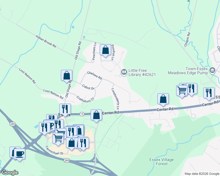 map of restaurants, bars, coffee shops, grocery stores, and more near 16 Londonderry Lane in Essex