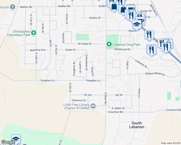 map of restaurants, bars, coffee shops, grocery stores, and more near 3300 Quail Place in Lebanon