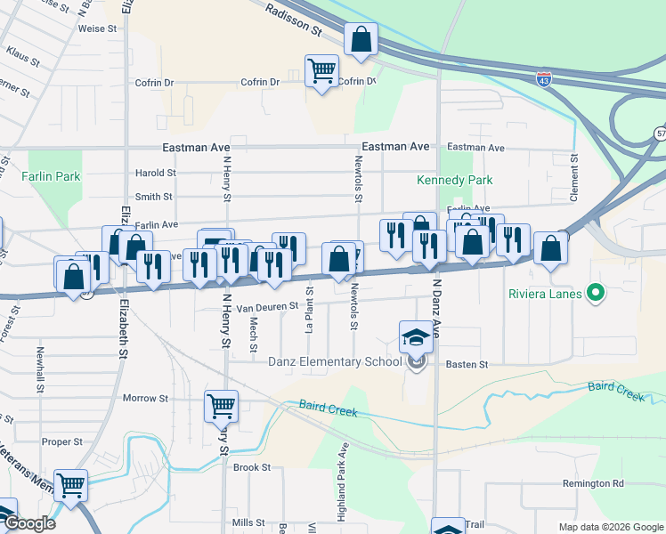 map of restaurants, bars, coffee shops, grocery stores, and more near 1938 University Avenue in Green Bay