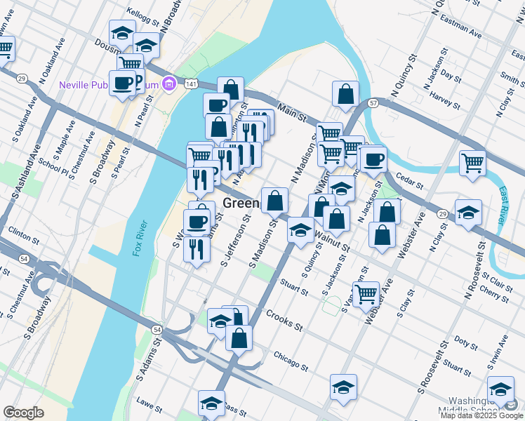 map of restaurants, bars, coffee shops, grocery stores, and more near 115 South Jefferson Street in Green Bay