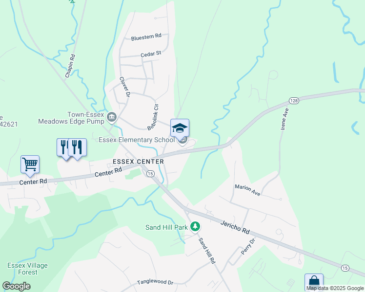 map of restaurants, bars, coffee shops, grocery stores, and more near 1 Bixby Hill Road in Essex