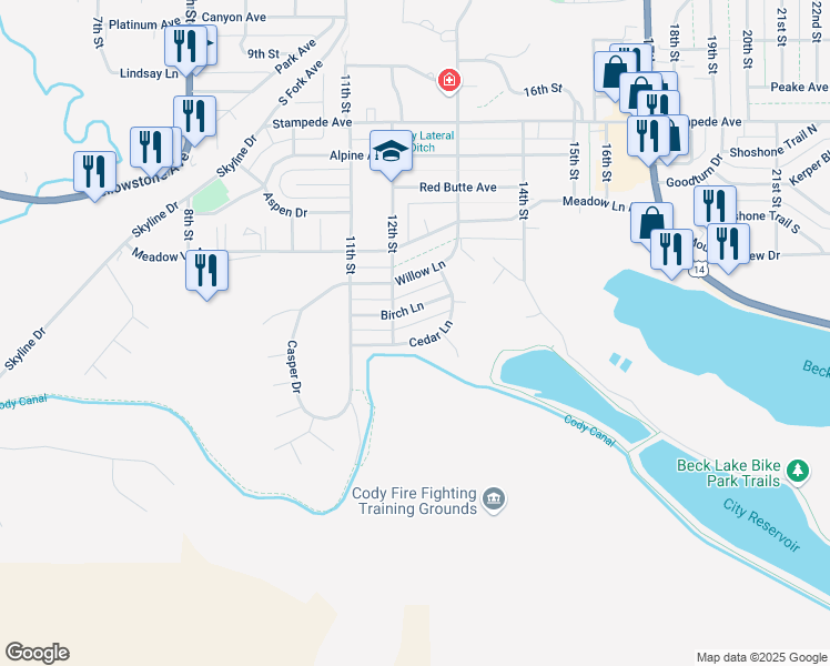 map of restaurants, bars, coffee shops, grocery stores, and more near 1213 Cedar Lane in Cody