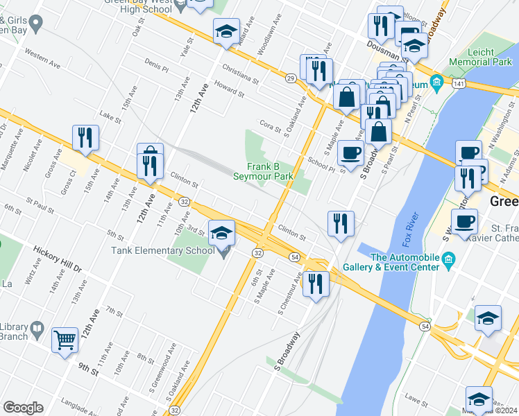 map of restaurants, bars, coffee shops, grocery stores, and more near 527 South Oakland Avenue in Green Bay