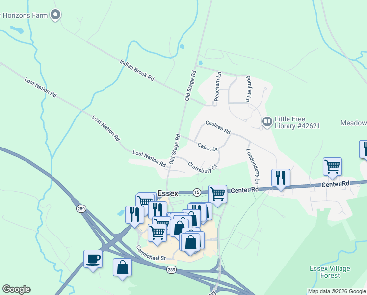 map of restaurants, bars, coffee shops, grocery stores, and more near 19 Old Stage Road in Essex