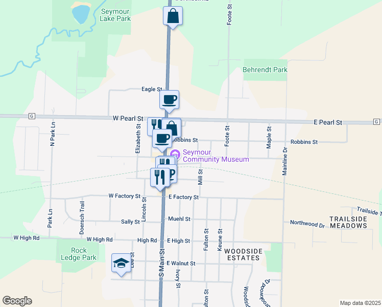 map of restaurants, bars, coffee shops, grocery stores, and more near 209 Depot Street in Seymour