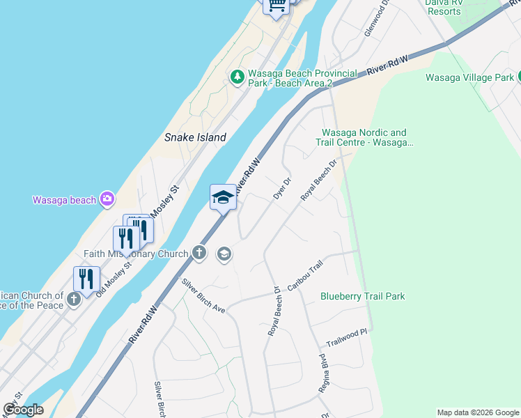 map of restaurants, bars, coffee shops, grocery stores, and more near 116 Dyer Drive in Wasaga Beach