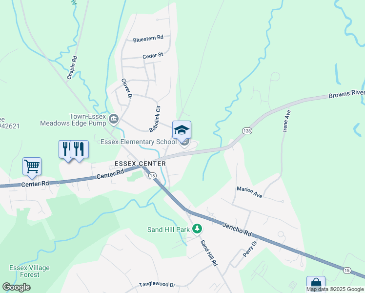 map of restaurants, bars, coffee shops, grocery stores, and more near 1 Bixby Hill Road in Essex