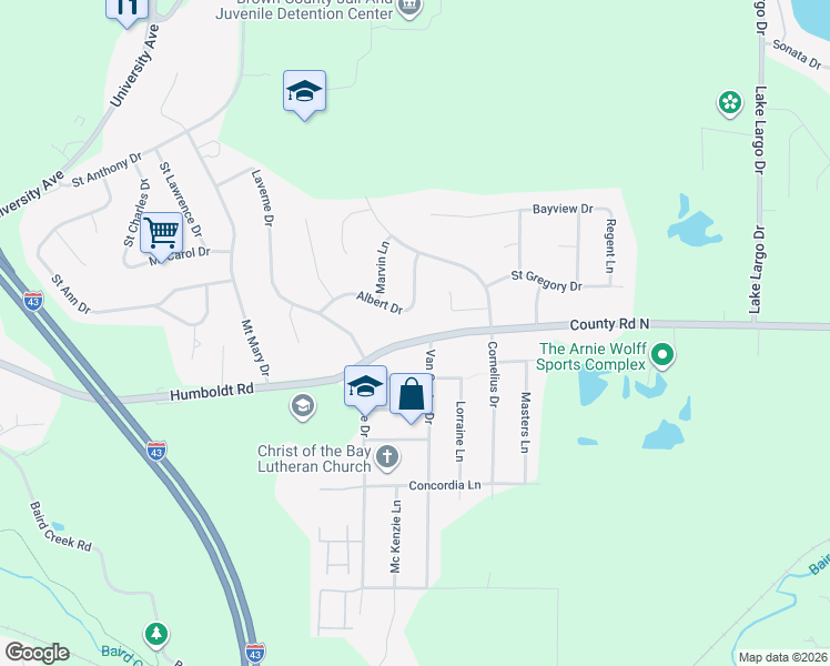 map of restaurants, bars, coffee shops, grocery stores, and more near 626 Van Caster Drive in Green Bay