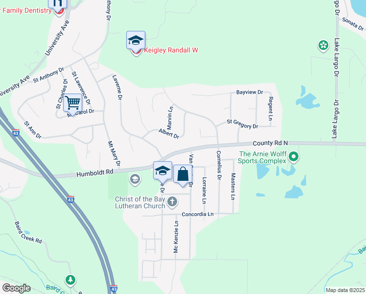 map of restaurants, bars, coffee shops, grocery stores, and more near 626 Van Caster Drive in Green Bay