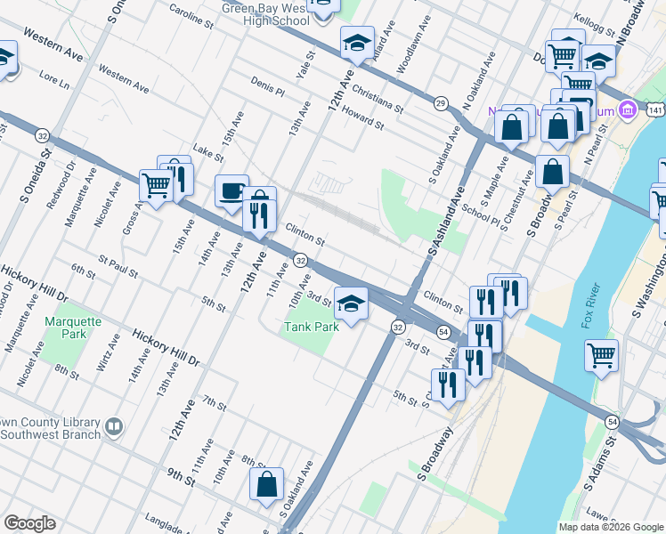 map of restaurants, bars, coffee shops, grocery stores, and more near 710 South Greenwood Avenue in Green Bay