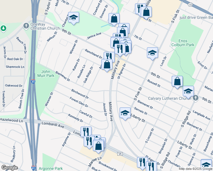 map of restaurants, bars, coffee shops, grocery stores, and more near 1561 Biemeret Street in Green Bay