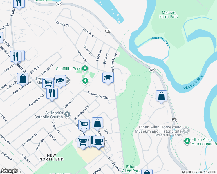 map of restaurants, bars, coffee shops, grocery stores, and more near 332 Ethan Allen Parkway in Burlington