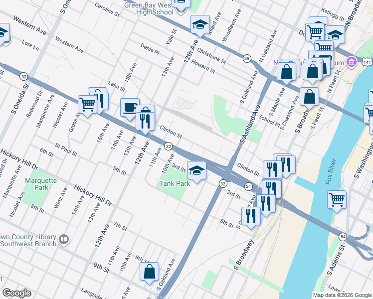 map of restaurants, bars, coffee shops, grocery stores, and more near 710 South Greenwood Avenue in Green Bay