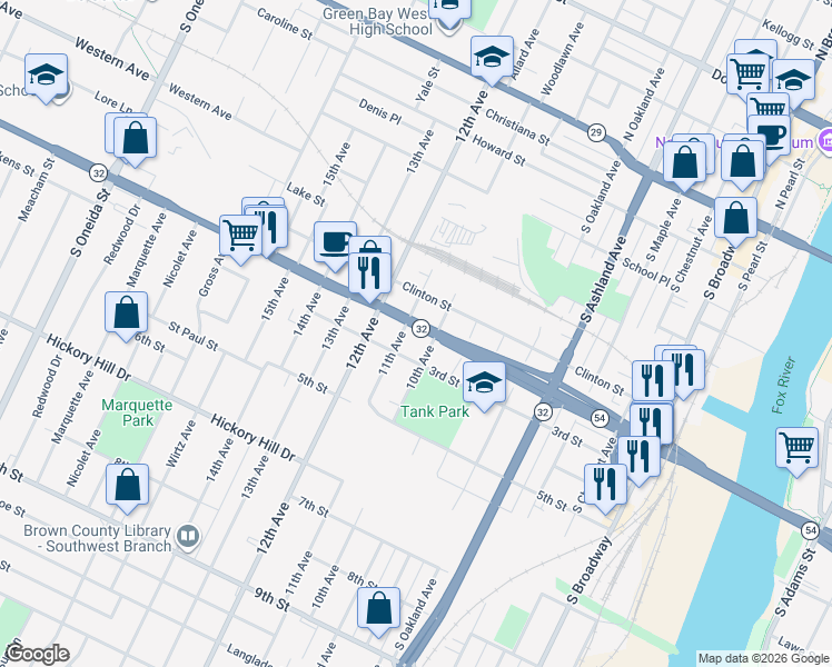 map of restaurants, bars, coffee shops, grocery stores, and more near 883 3rd Street in Green Bay