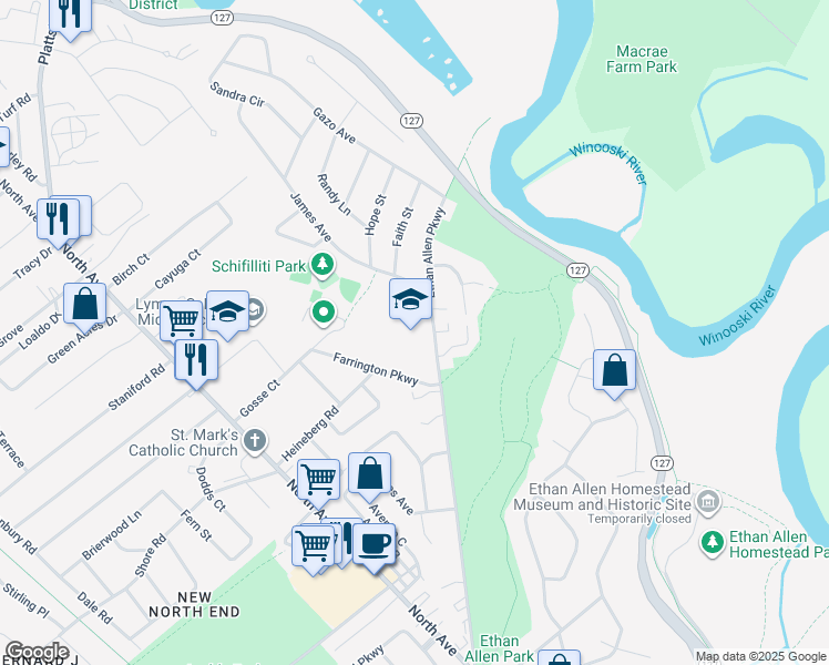 map of restaurants, bars, coffee shops, grocery stores, and more near 332 Ethan Allen Parkway in Burlington