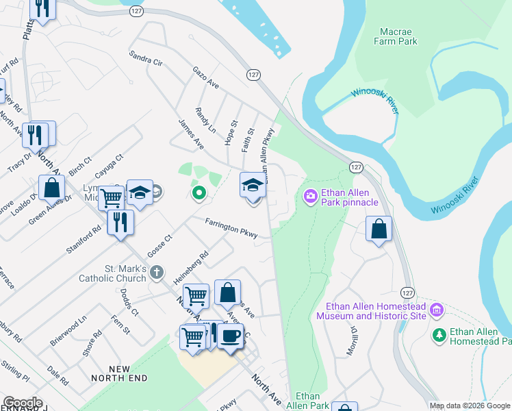 map of restaurants, bars, coffee shops, grocery stores, and more near 92 Farrington Parkway in Burlington