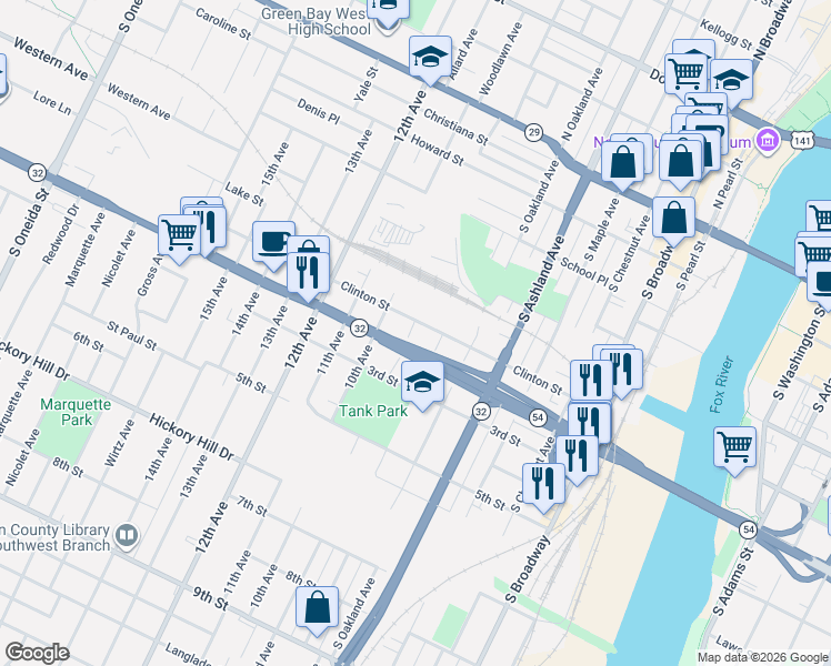 map of restaurants, bars, coffee shops, grocery stores, and more near 710 South Greenwood Avenue in Green Bay