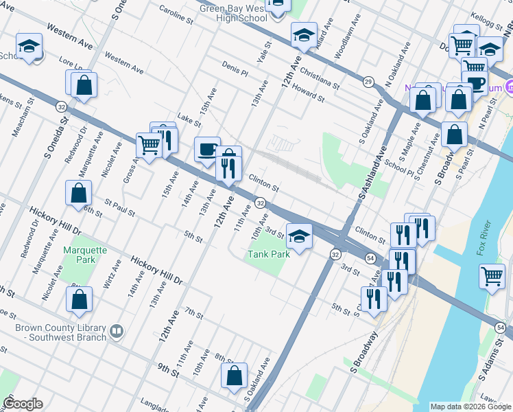 map of restaurants, bars, coffee shops, grocery stores, and more near 883 3rd Street in Green Bay
