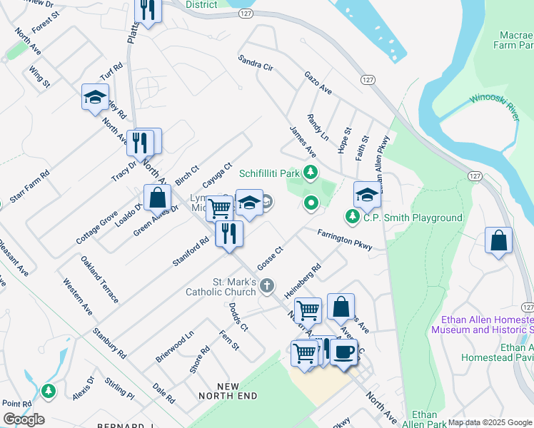 map of restaurants, bars, coffee shops, grocery stores, and more near 1364 North Avenue in Burlington