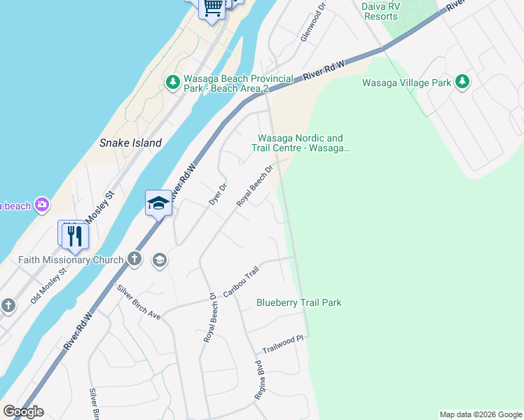 map of restaurants, bars, coffee shops, grocery stores, and more near 2 Arcadia Road in Wasaga Beach