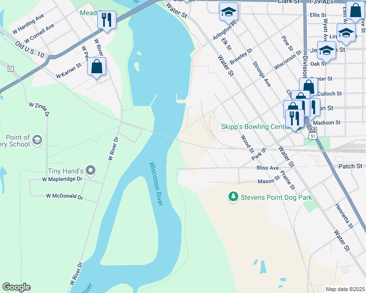 map of restaurants, bars, coffee shops, grocery stores, and more near 1909 Cypress Street in Stevens Point