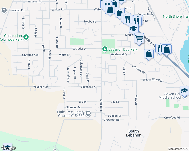 map of restaurants, bars, coffee shops, grocery stores, and more near 62 South Place in Lebanon