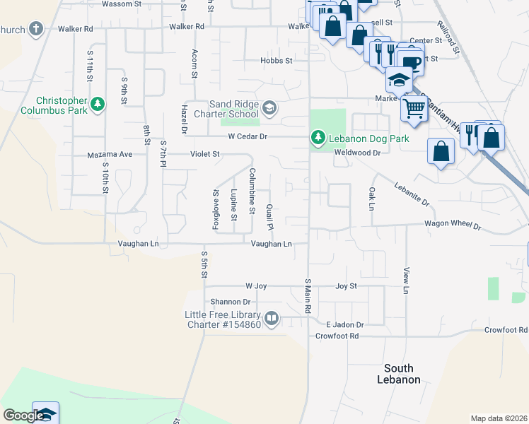 map of restaurants, bars, coffee shops, grocery stores, and more near 3182 Columbine Street in Lebanon