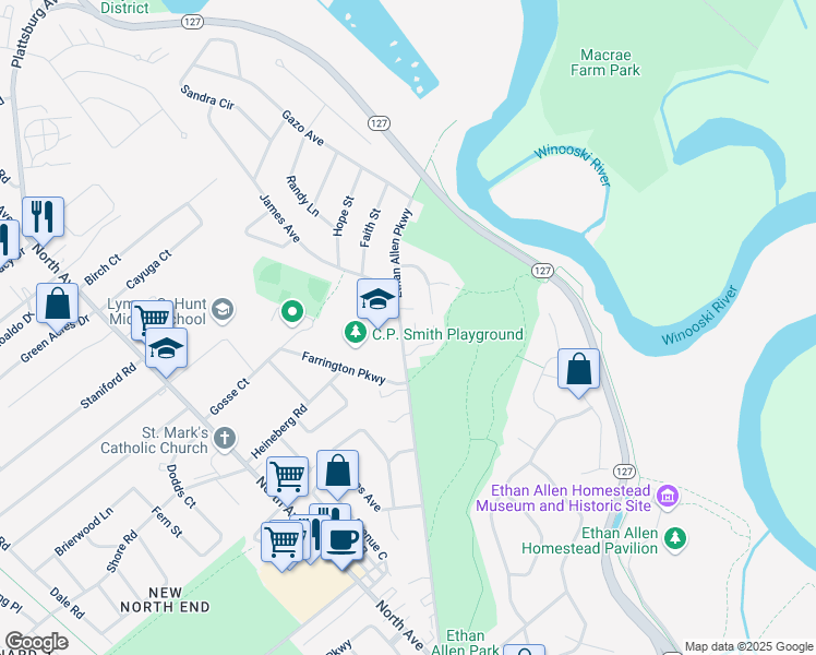 map of restaurants, bars, coffee shops, grocery stores, and more near 375 Ethan Allen Parkway in Burlington