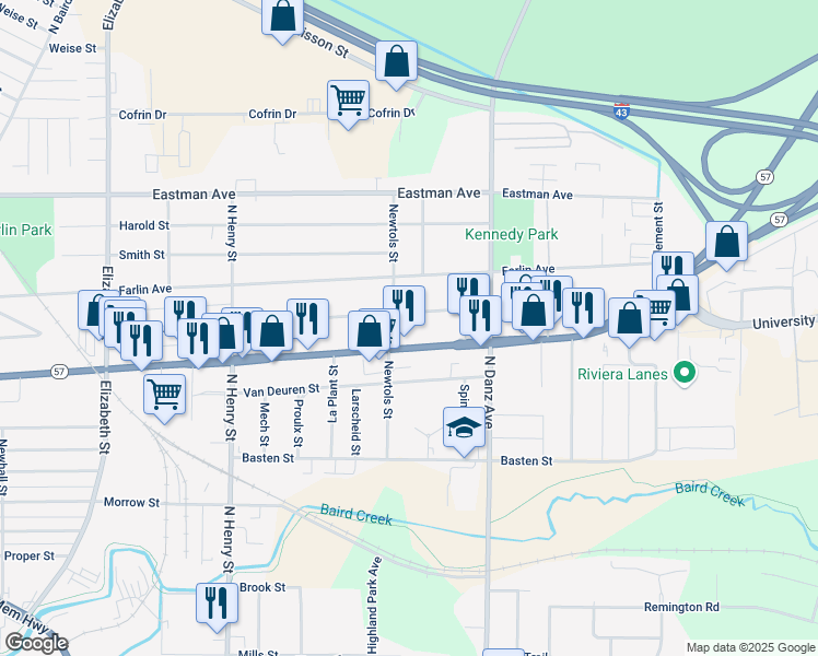 map of restaurants, bars, coffee shops, grocery stores, and more near 2045 Preble Avenue in Green Bay