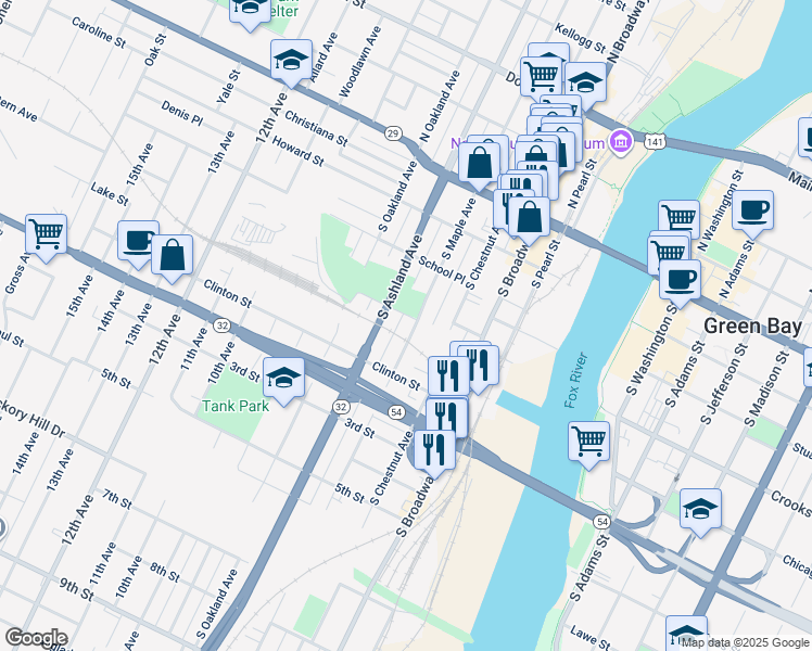 map of restaurants, bars, coffee shops, grocery stores, and more near 408 South Ashland Avenue in Green Bay