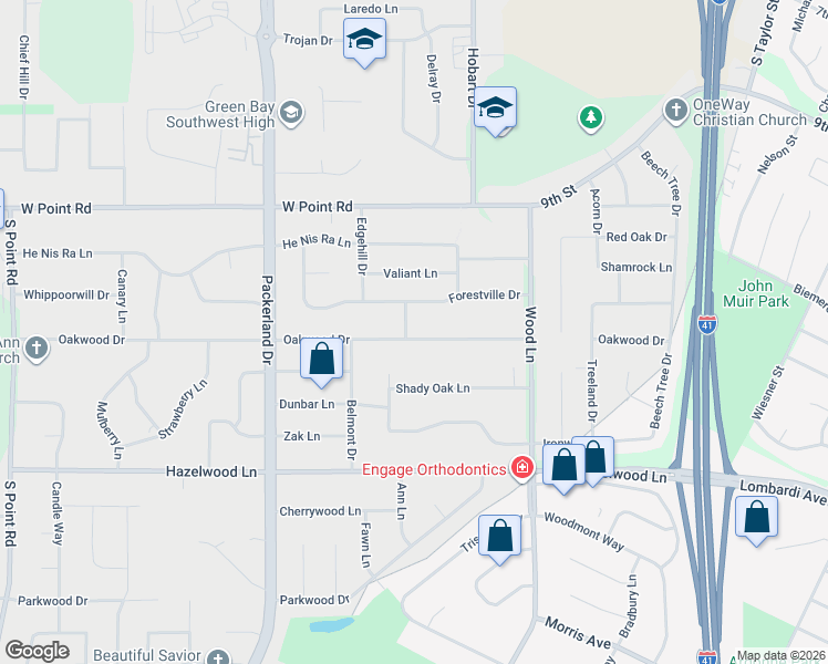 map of restaurants, bars, coffee shops, grocery stores, and more near 2475 Forestville Drive in Green Bay
