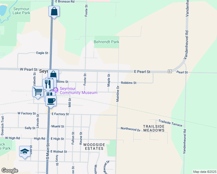 map of restaurants, bars, coffee shops, grocery stores, and more near 310 Maple Street in Seymour