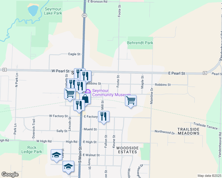map of restaurants, bars, coffee shops, grocery stores, and more near 403 Robbins Street in Seymour
