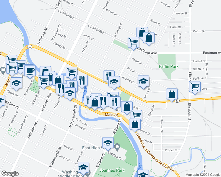 map of restaurants, bars, coffee shops, grocery stores, and more near 621 North Irwin Avenue in Green Bay