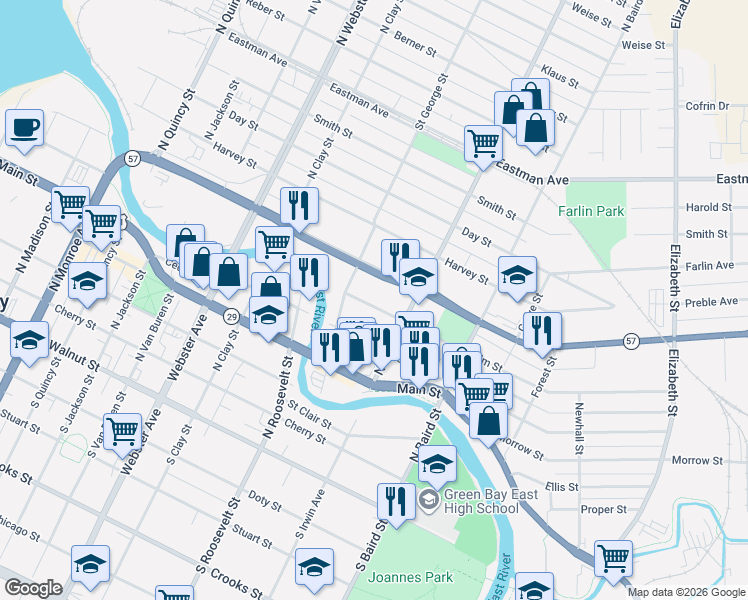map of restaurants, bars, coffee shops, grocery stores, and more near 610 Saint George Street in Green Bay
