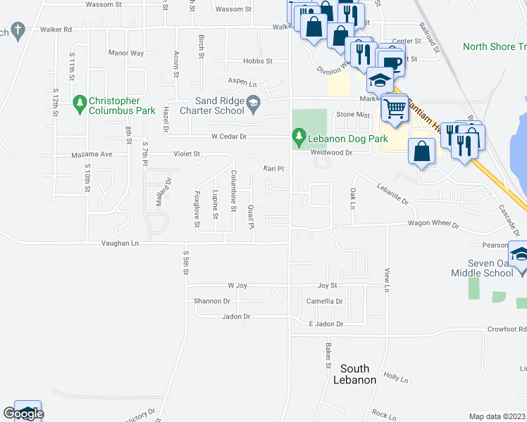 map of restaurants, bars, coffee shops, grocery stores, and more near 85 Grace Street in Lebanon
