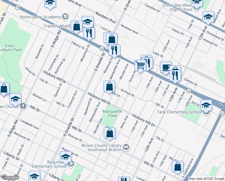 map of restaurants, bars, coffee shops, grocery stores, and more near 853 Marquette Avenue in Green Bay