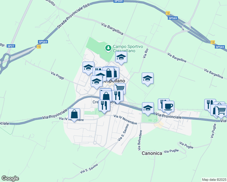 map of restaurants, bars, coffee shops, grocery stores, and more near in Crespellano