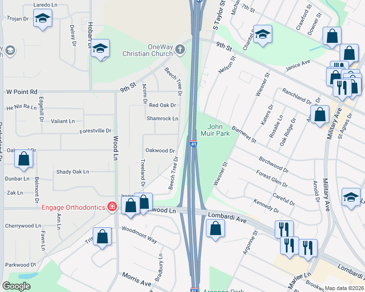 map of restaurants, bars, coffee shops, grocery stores, and more near 1721 Beech Tree Drive in Green Bay