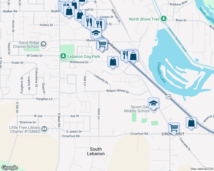 map of restaurants, bars, coffee shops, grocery stores, and more near 745 Lebanite Drive in Lebanon
